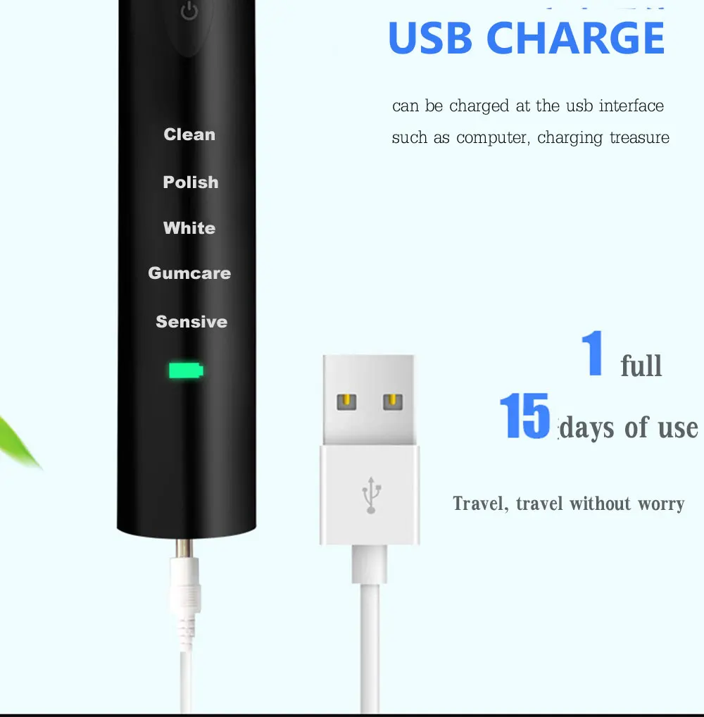Мощная ультра звуковая электрическая зубная щетка с зарядкой от USB