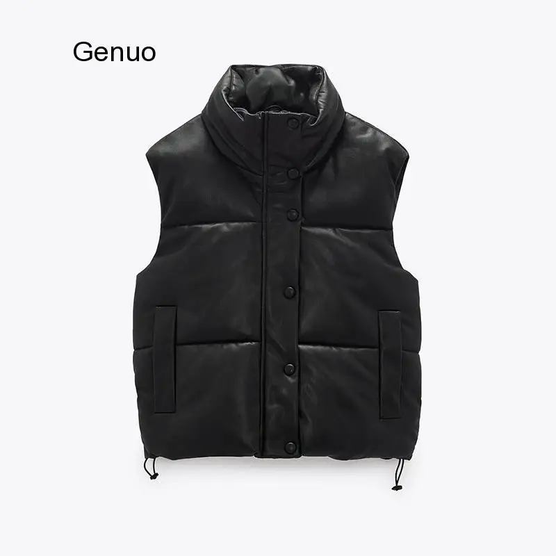 Новинка осенне-зимний черный теплый жилет из искусственной кожи модное женское