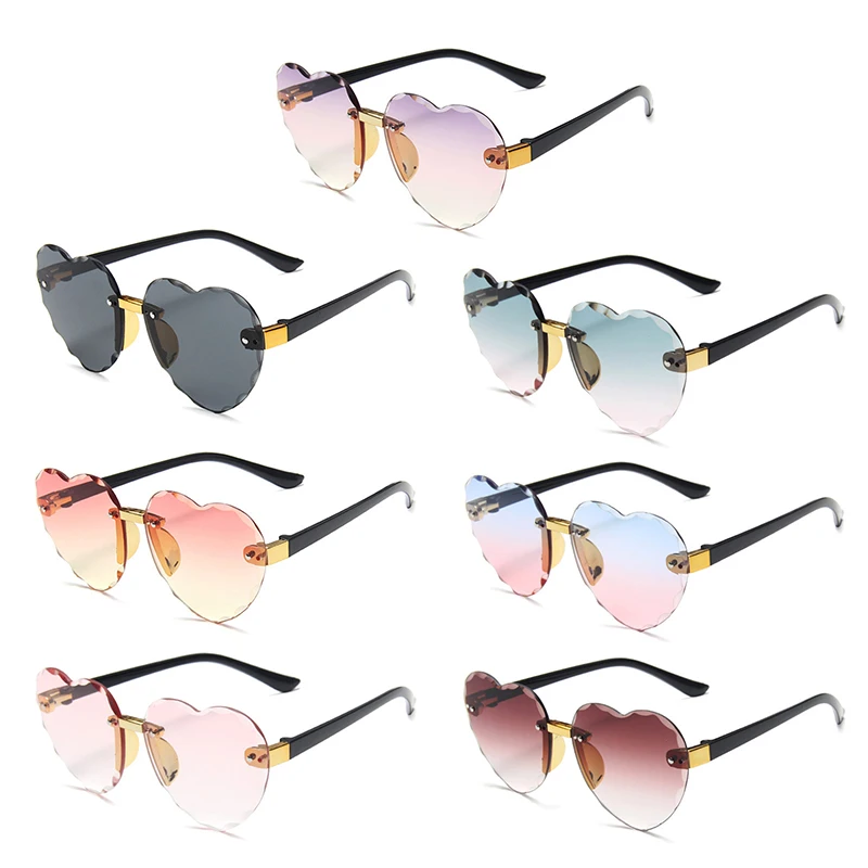

New Cute Heart Rimless Glasses Sunglasses Children Kids Gray Pink Red Lenses Fashion Boys Girls UV400 Kids Sports Sunglasses