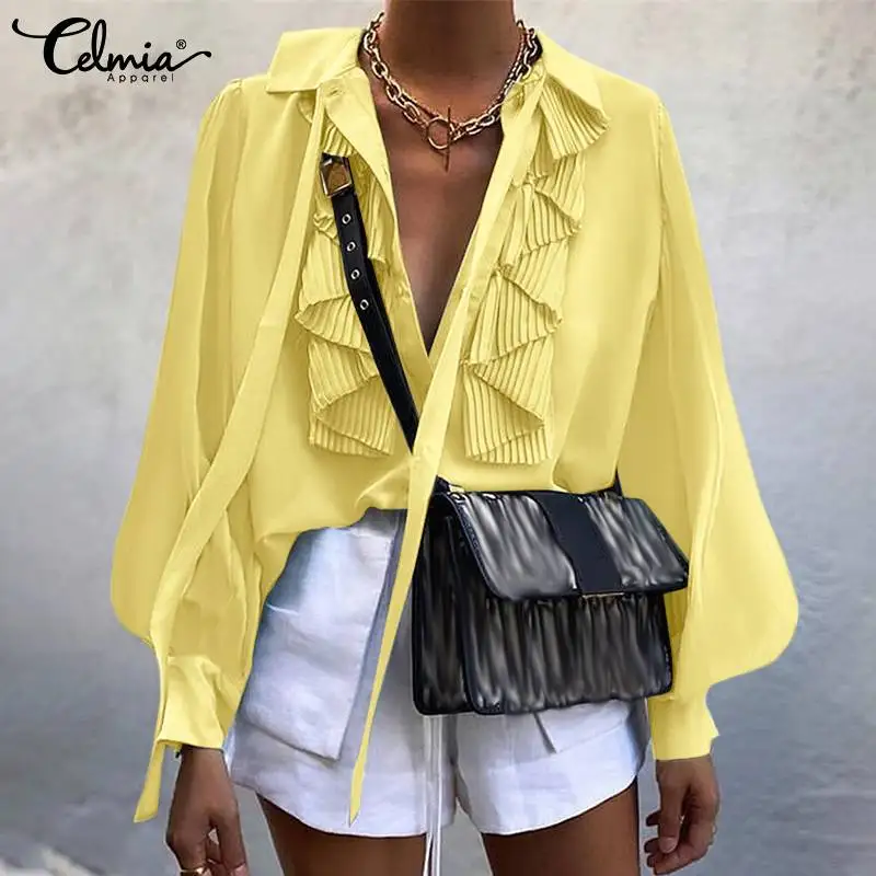 

Celmia Women Elegant Chiffon Shirts 2021 Autumn Sexy Lapel Bow Tie Party Blouses Fashion Puff Long Sleeve Casual Loose Tunic Top