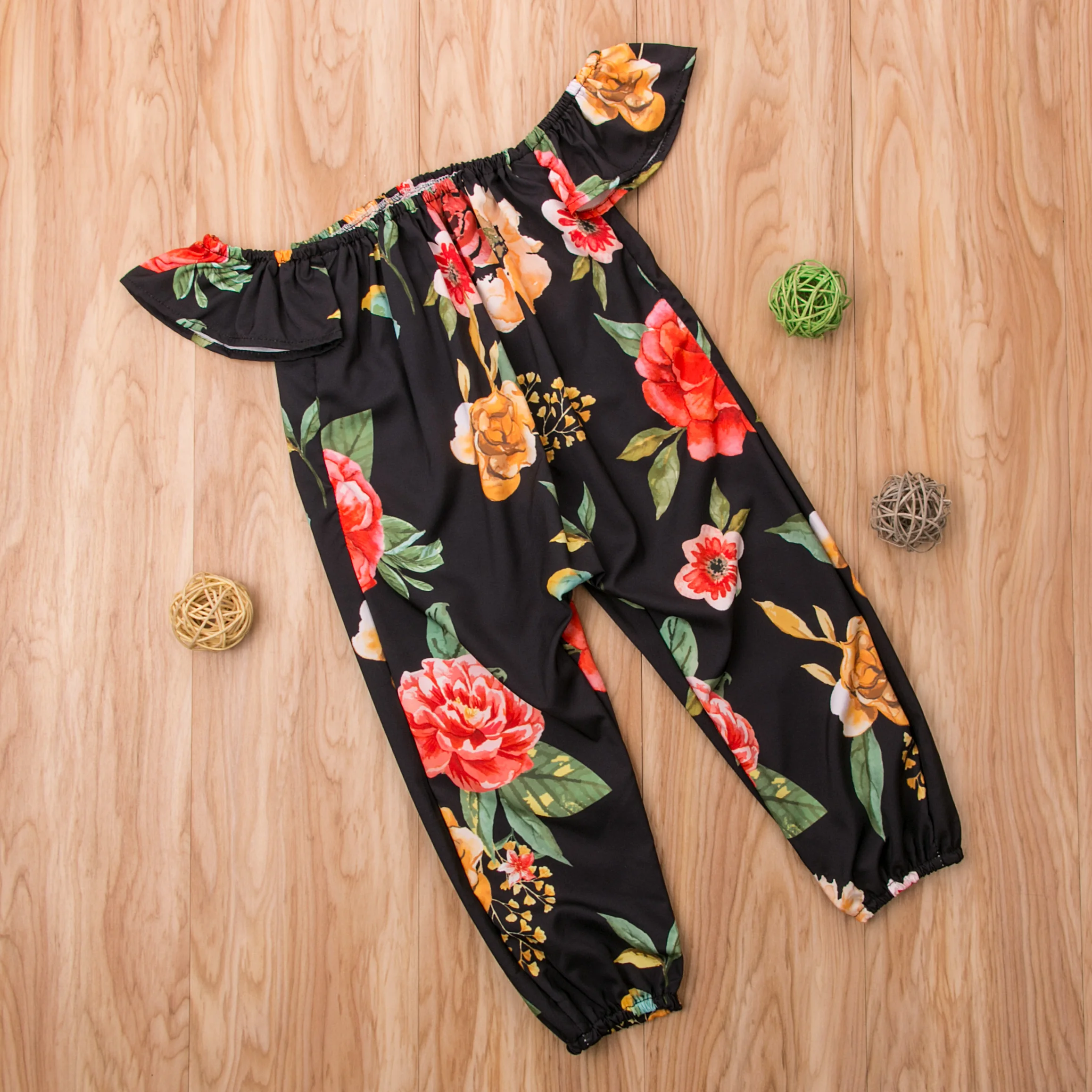 Летний черный комбинезон без рукавов с цветочным принтом Детский хлопковый для