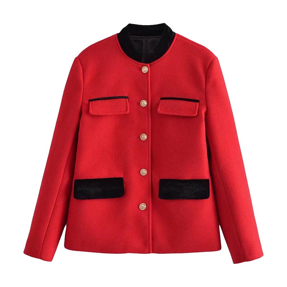 

Za Women 2021 New Jacket Fashion Black Silk Stitching Woolen Cloth Blazer Coat Vintage Long Sleeve Female Outerwear Chic