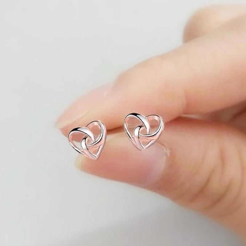 

Cute Female Small Heart Style Stud Earrings Vintage Silver Color Jewelry Double Sided Wedding Earrings For Women