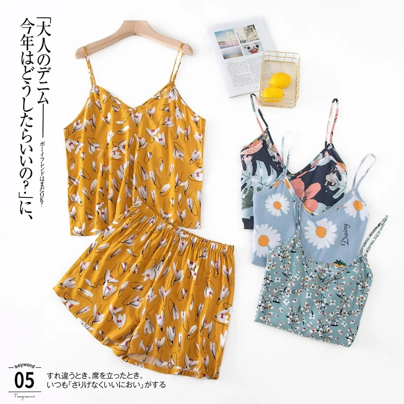 

Women Summer Pyjama Sling Adjustable Rayon Loungewear Sleeveless Print Pajamas Spaghetti Strap Shorts 2 Piece Cool Home Clothes