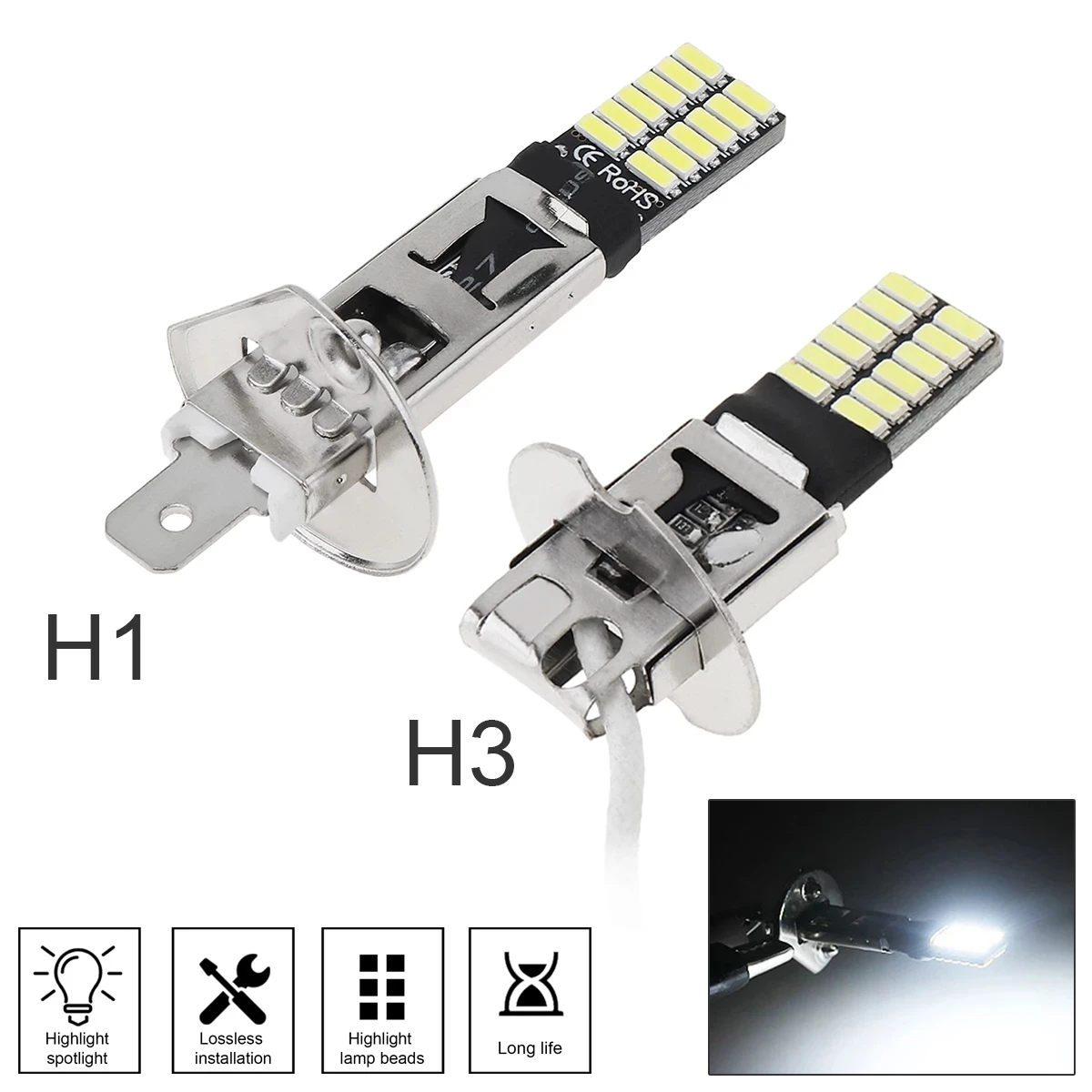 

H1 H3 Universal Canbus Super Bright LED Bulb Car Fog Light Headlight 4014 24SMD 12V 6000K Running Light Auto Motorcycle Lamp