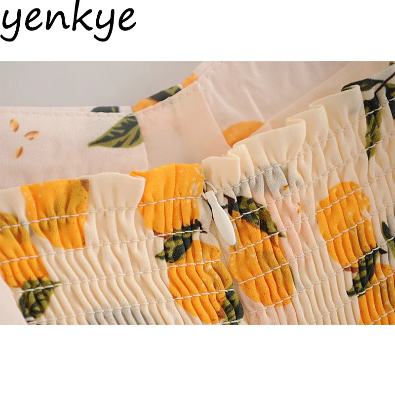 Женское шифоновое платье миди на бретелях спагетти с принтом лимона|Женские