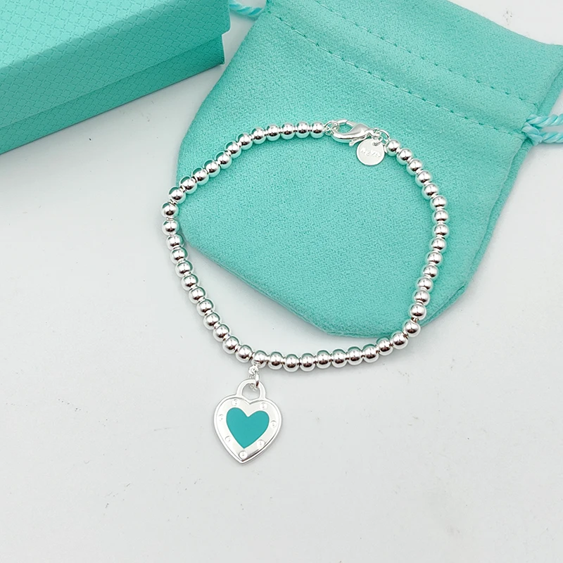 

925 Sterling Silver Women's 4mm Bead Bracelet High Quality Enamel Heart-shaped Luxury Brand Personalized Jewelry Popular in 2021