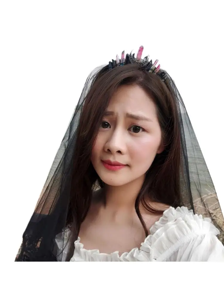 

Wedding Bridal Jewelry Tiara Headband Multicolored Raw Quartz Crystal Hair Hoop Antique Moon Handmade Witch Crown