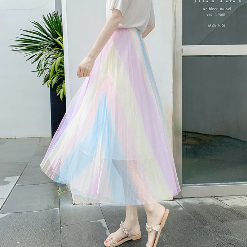 Радужная Женская юбка трапеция в яркую полоску длинная Плиссированная до