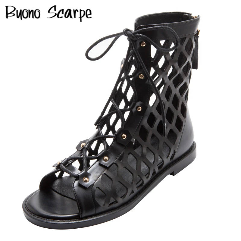 

Peep Toe Summer Ankle Boots Hollow Out Cross Tied Rivets Gladiator Shoes Genuine Leather Short Botas Zipper Flat Rome Booties