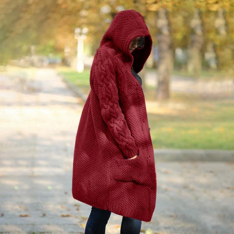 

SHUJIN Women Winter Knitted Hooded Cardigan Sweater Ladies Loose Warm Thicken Single Breasted Knitwear Coat Female Outerwear