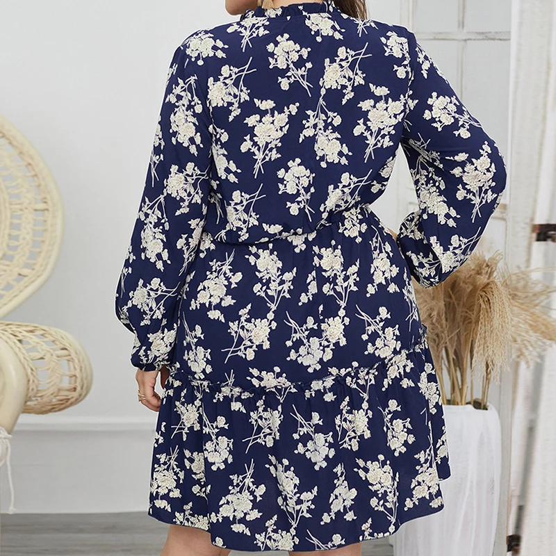 

2021 Spring New Style Women Floral Dress Blue V Neck Mini Fat Plus Size Dresses Women Loose Summer Beach Sundress