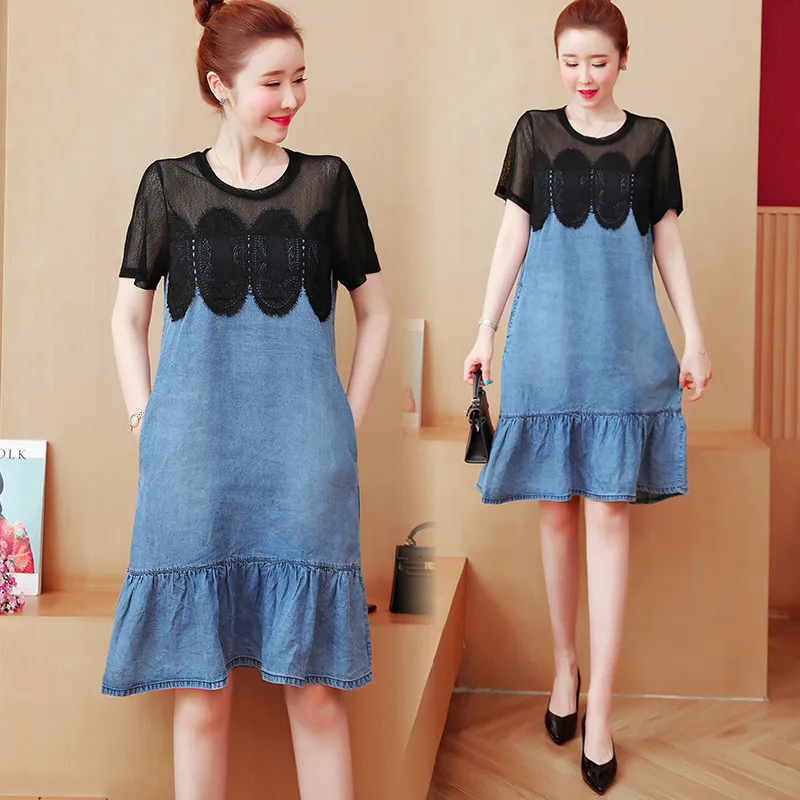 

New Summer Style Women Dresses Plus Size 5XL Casual Loose O-Neck Lace Patchwork Trumpet Jeans Dress For Females Denim One-Piece