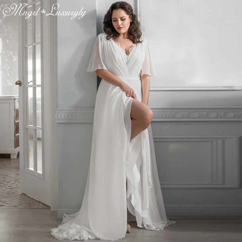 

Luxury A-line Wedding Dresses V-neck Lace Lace Chiffon Simple Gowns Batwing Sleeve Sexy High Split vestidos de novia Tailor-Made