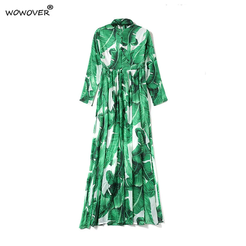 

Runway Fashion Women Full Sleeve Green Leaf Printed Bohemian Style Chiffon Long Dress Holiday Beach Robe Femme Party Vestidos