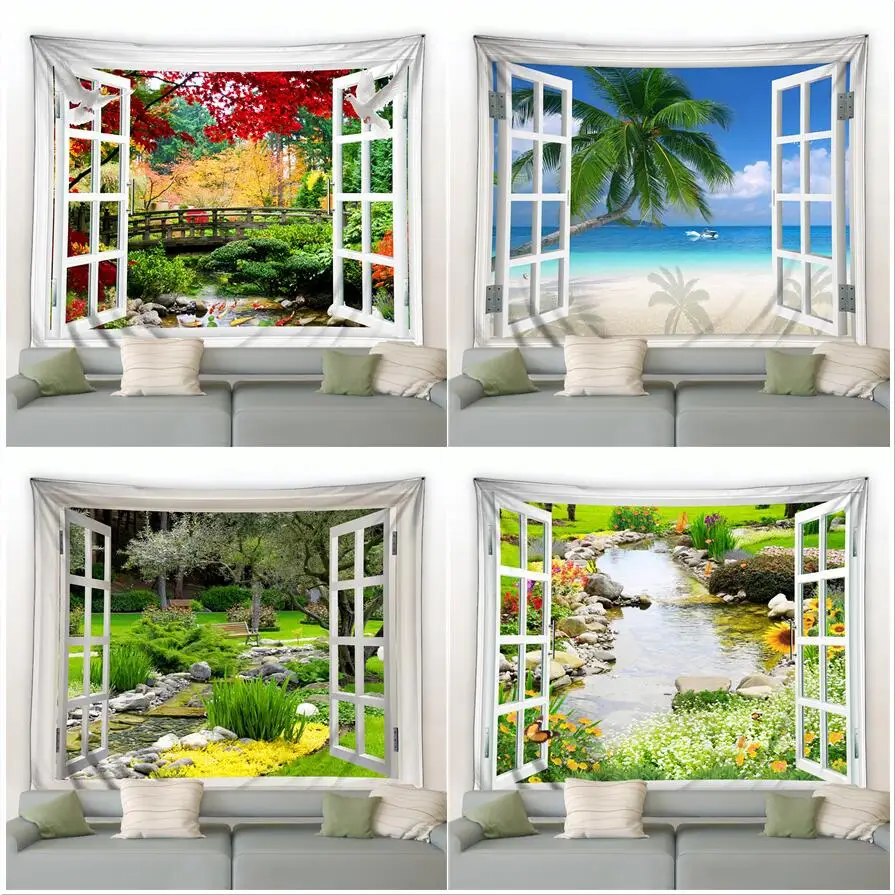 

Spring Park Landscape Tapestry Green Grass River Flowers Ocean Palm Trees Nature Scenery Home Garden Decor Wall Hanging Cloth