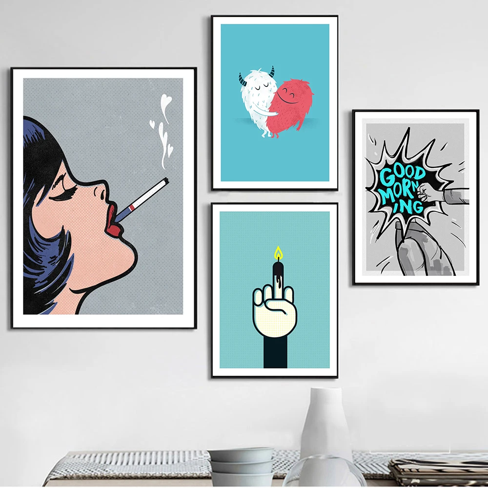

Cute Lipstick Monster Posters Girl Smoking Art Prints Funny Cartoon Canvas Painting Modern Wall Pictures Living Room Home Decor