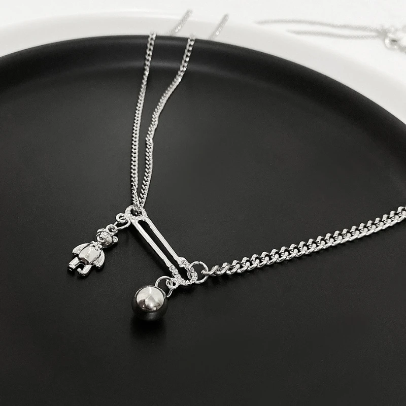 

U-Magical Vintage Asymmetry Chain Paper Clip Bear Pendant Necklace for Women Double-Layer Round Bead Metal Necklace Jewelry