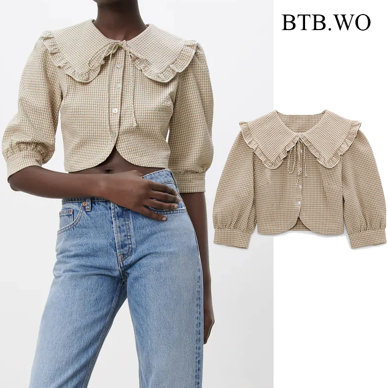 

BTB.WO 2021 Spring Women Shirts Za Blouse Fashion Elegant Half Sleeve Tops Female V Neck Chic Woman Blouse Tops