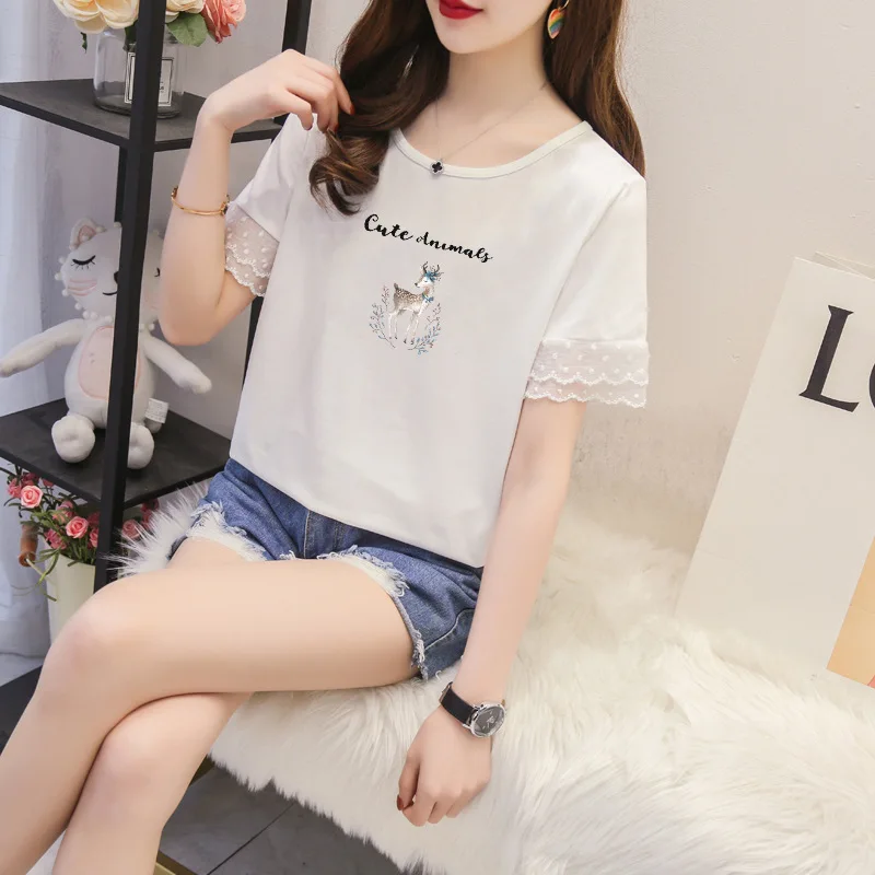 

Short-sleeved T-shirt women 2021 summer new style lace sleeve all-match blouse loose