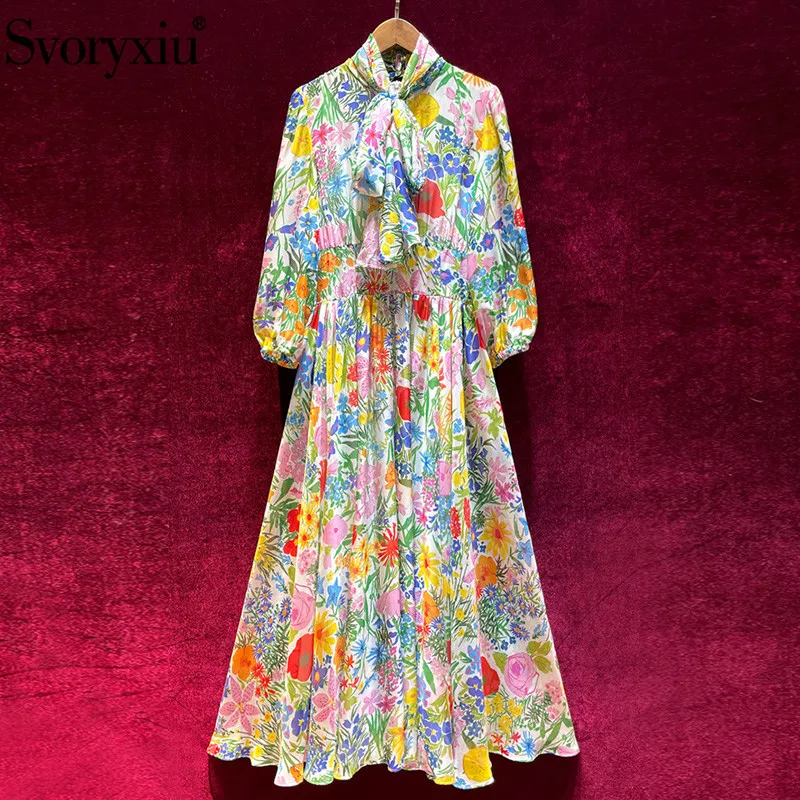 

Svoryxiu Runway Fashion Summer Long Dress Women's Elegant Lantern Sleeve Flower Print Holiday Chiffon Dresses Vestdios