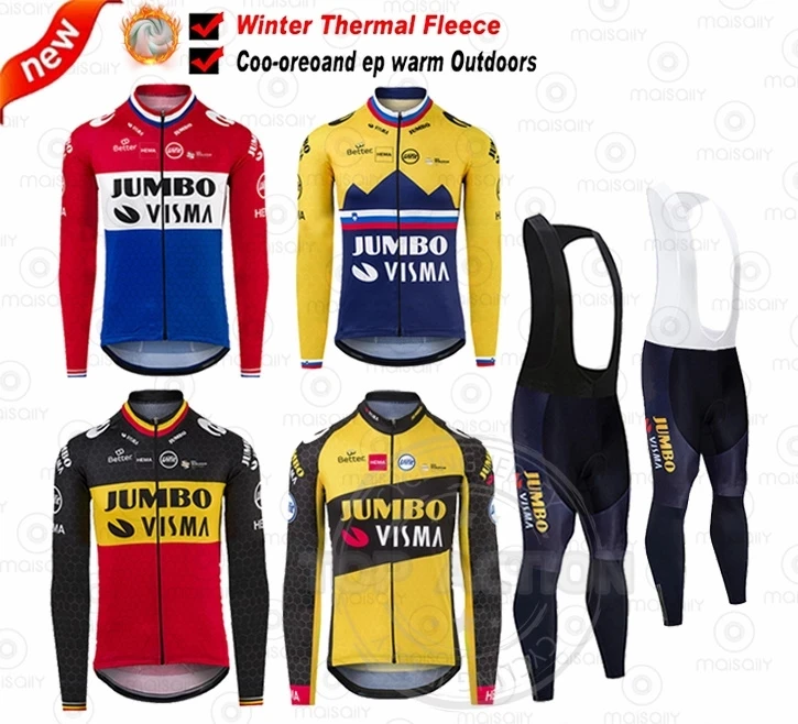 

JUMBO VISMA Men's Winter Warm Fleece Jersey Suit Racing Bicycle Jersey 2021 Bicycle Jersey Men's Winter Cycling Clothes