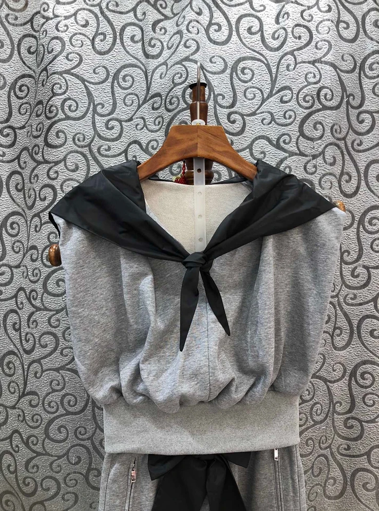 Sweatshirt Sets 2021 Spring Summer Casual 2 Piece Tracksuit Women Hooded Sweatshirt Tops+Ankle Length Grey Black Pant Sets Crop