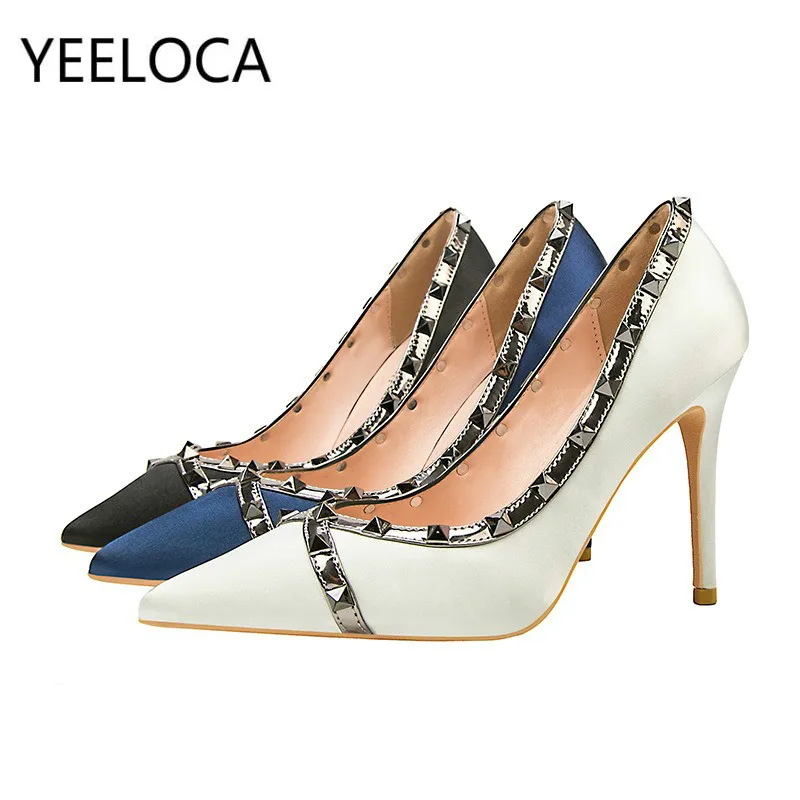 

Simple Sexy Nightclub Studded Satin Womens Stiletto Heel Pumps Womens Rivet Silk High Heels 10cm Women Shoes Size 34-41