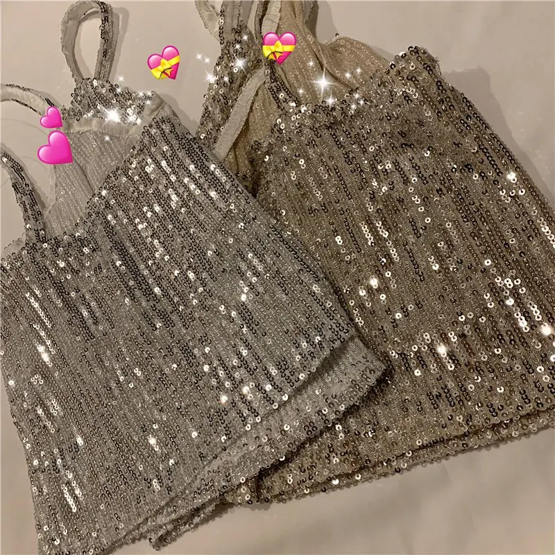 

Women's V Neck Glitter Sleeveless Loose Sequined Tank Top