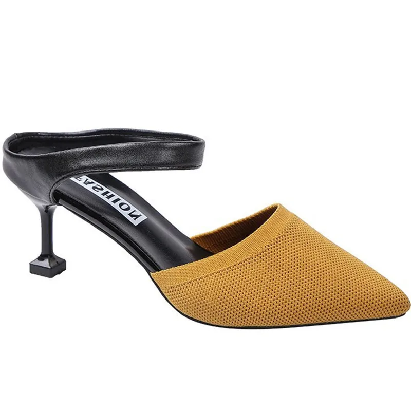 

Shoes Womens Slippers Outdoor Pointed Toe Thin Heels Flock Pantofle Med Luxury Slides Cover 2021 Designer Bonded Leather Rome PU