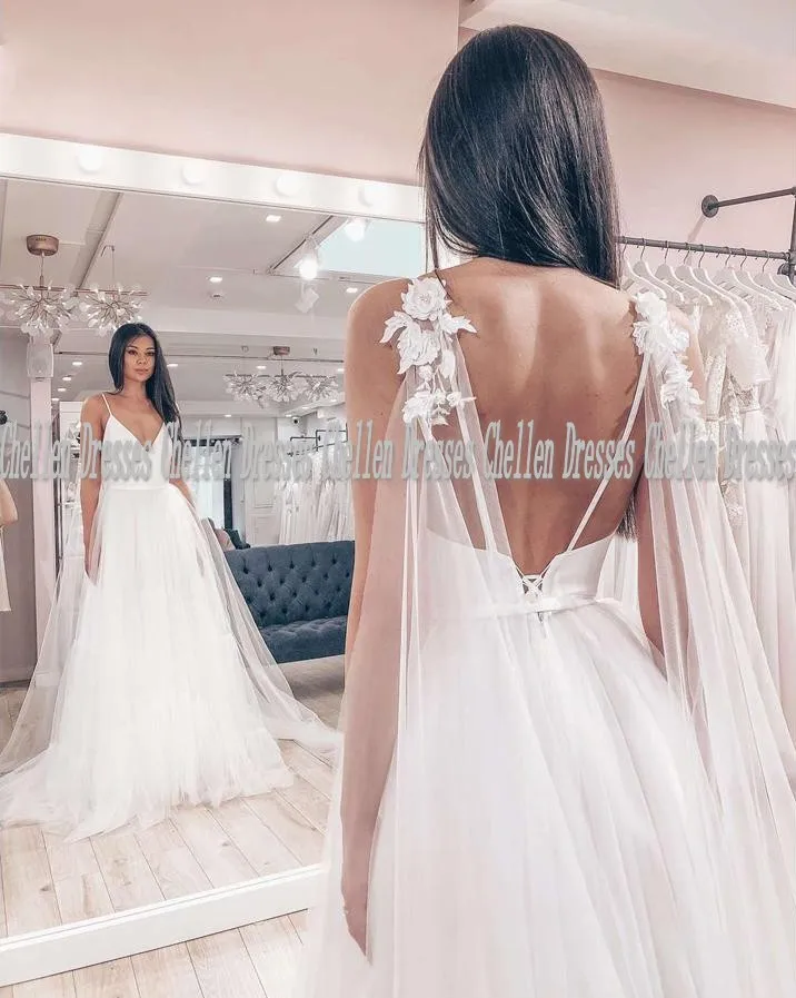 

2021 New Elegant Simple Sexy Spaghetti Straps V Neck Custom Made Lace Applique Backless Tulle A Line Beach Boho Wedding Dress Ve