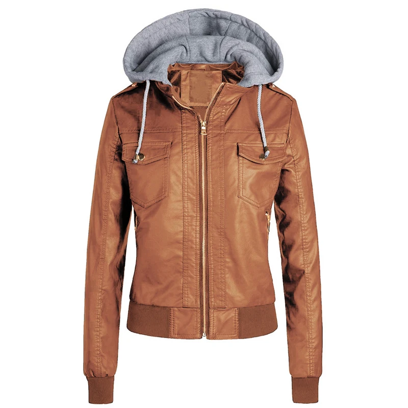 

Faux Leather Jacket Women Hoodies Gothic Motorbike Basic PU Jacket Coats Outerwear Hooded Zipper Waterproof Ladies Coat