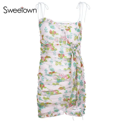 as picture Sweetown Boho шикарное шифоновое платье для женщин Лето с оборками цветочный принт спагетти ремень платья тонкое сексуальное облегающее платье для отдыха - Цвет: as picture