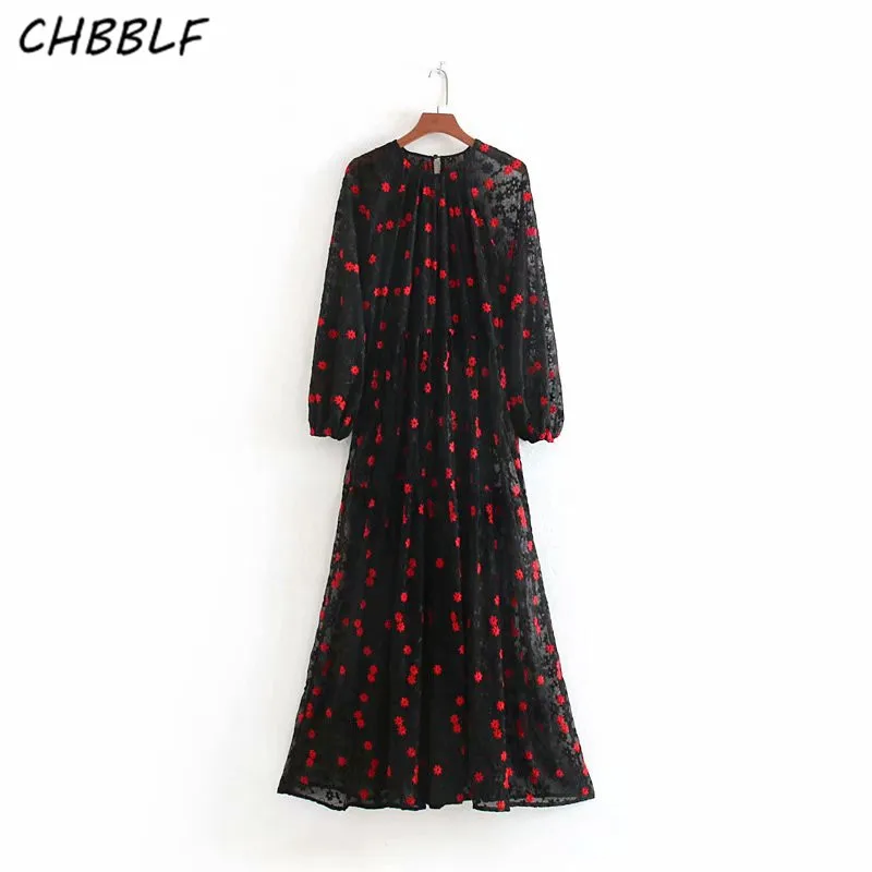 Женский стильный комплект из двух предметов, платье-миди с вышивкой, O-образный вырез, длинные рукава, повседневное черное шикарное платье, модель CDC9390.