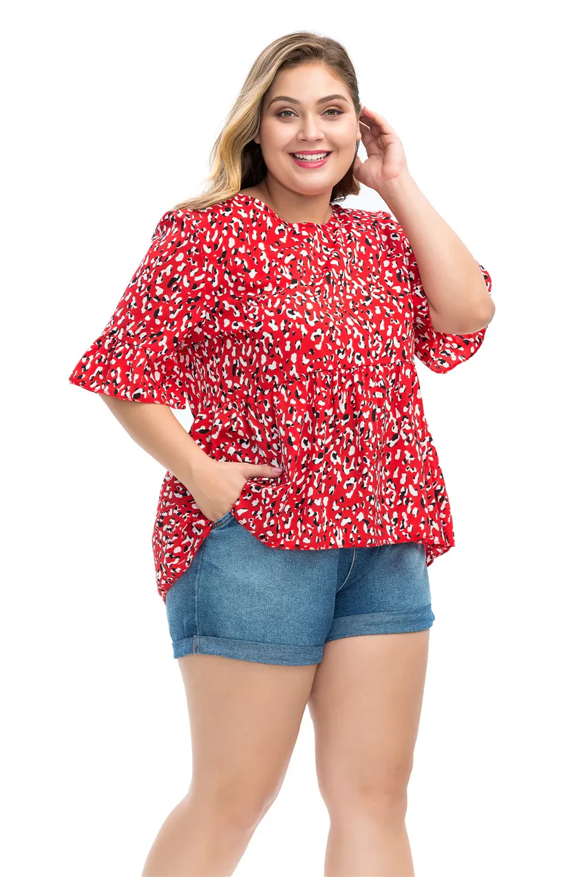 6XL размера плюс, женская летняя блузка с круглым вырезом, оборками, рукавом до локтя, леопардовая расцветка, Повседневная Блузка, рубашка, большой размер, Женская туника, топы