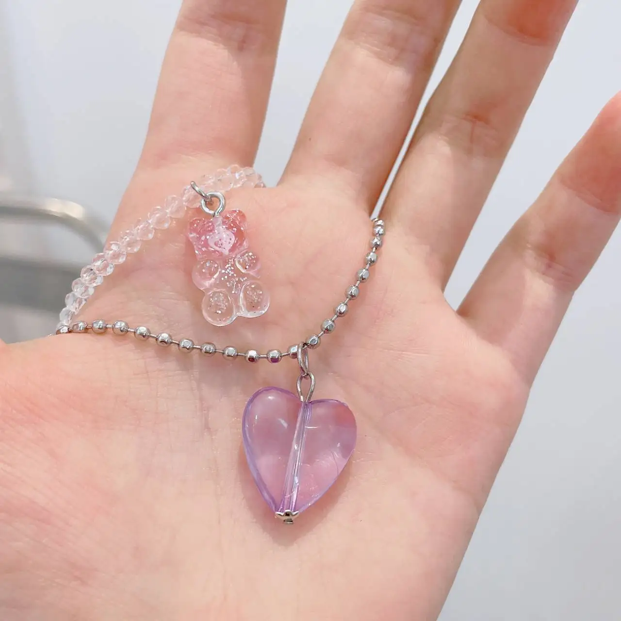 

Sweet Purple Resin Peach Heart Shape Cute Animal Bear Pendant Necklaces for Women Girlfriend Gift Fashion Neck Jewelry Cartoon