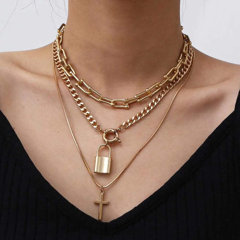 

3 Piece Rock U Shape Chain Choker Cross Ladies Hip Hop Lasso Padlock Horseshoe Mens Pendant Necklace Cross Collar Free Shipping