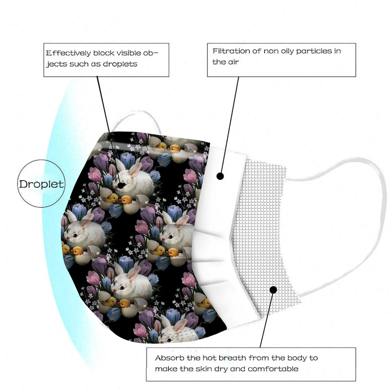 Маски унисекс с пасхальным принтом кролика 10 шт. 3-слойная защитная одноразовая