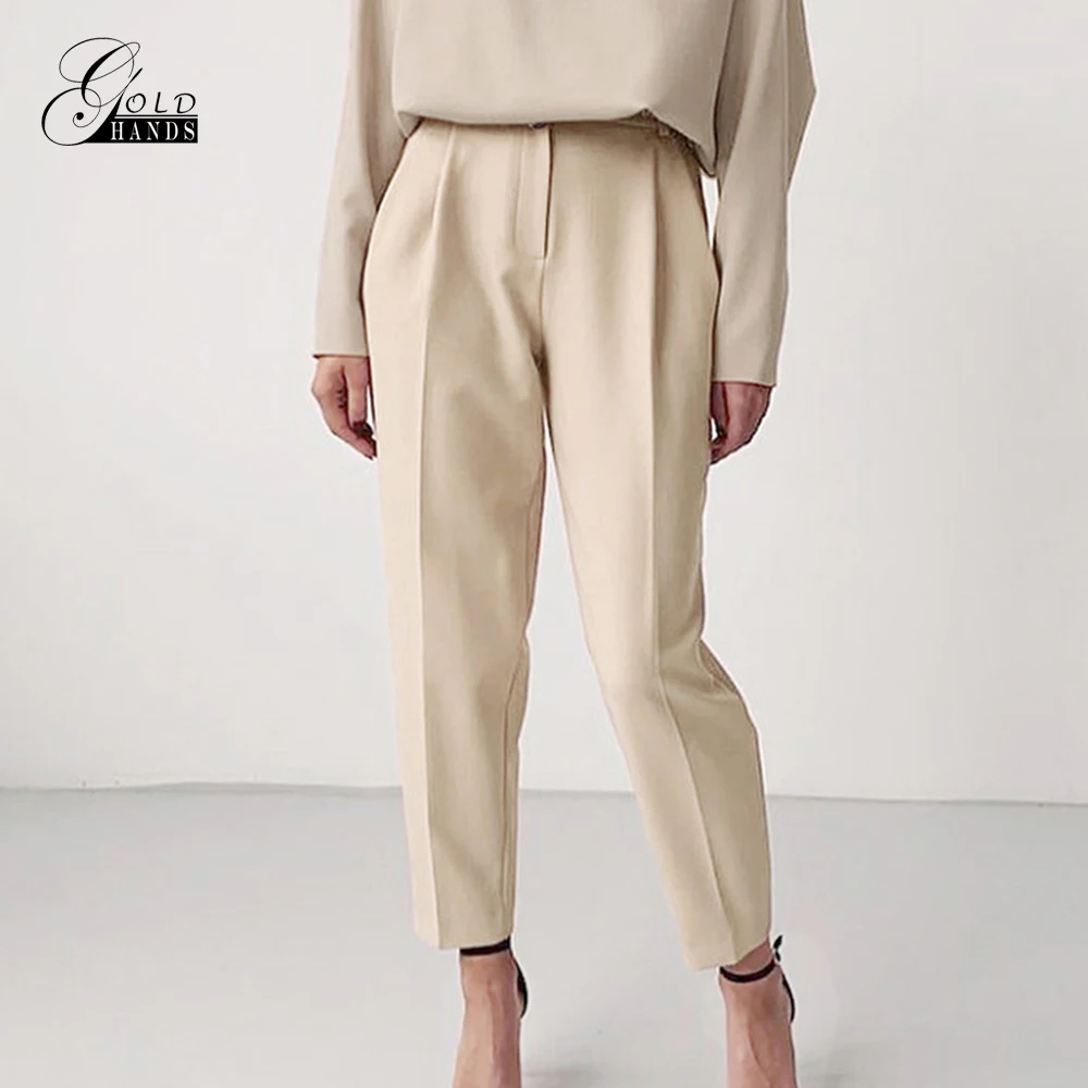 Женские офисные брюки на молнии коричневые однотонные с карманами повседневные