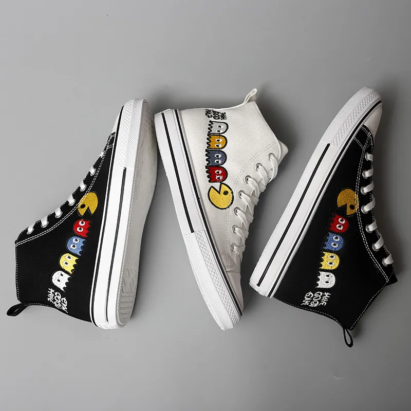 Fashion 2021 White and Black Anime Canvas Sneakers Male Platform Men's High Top Vulcanized Shoes Prints Teen Canvas Shoes Men