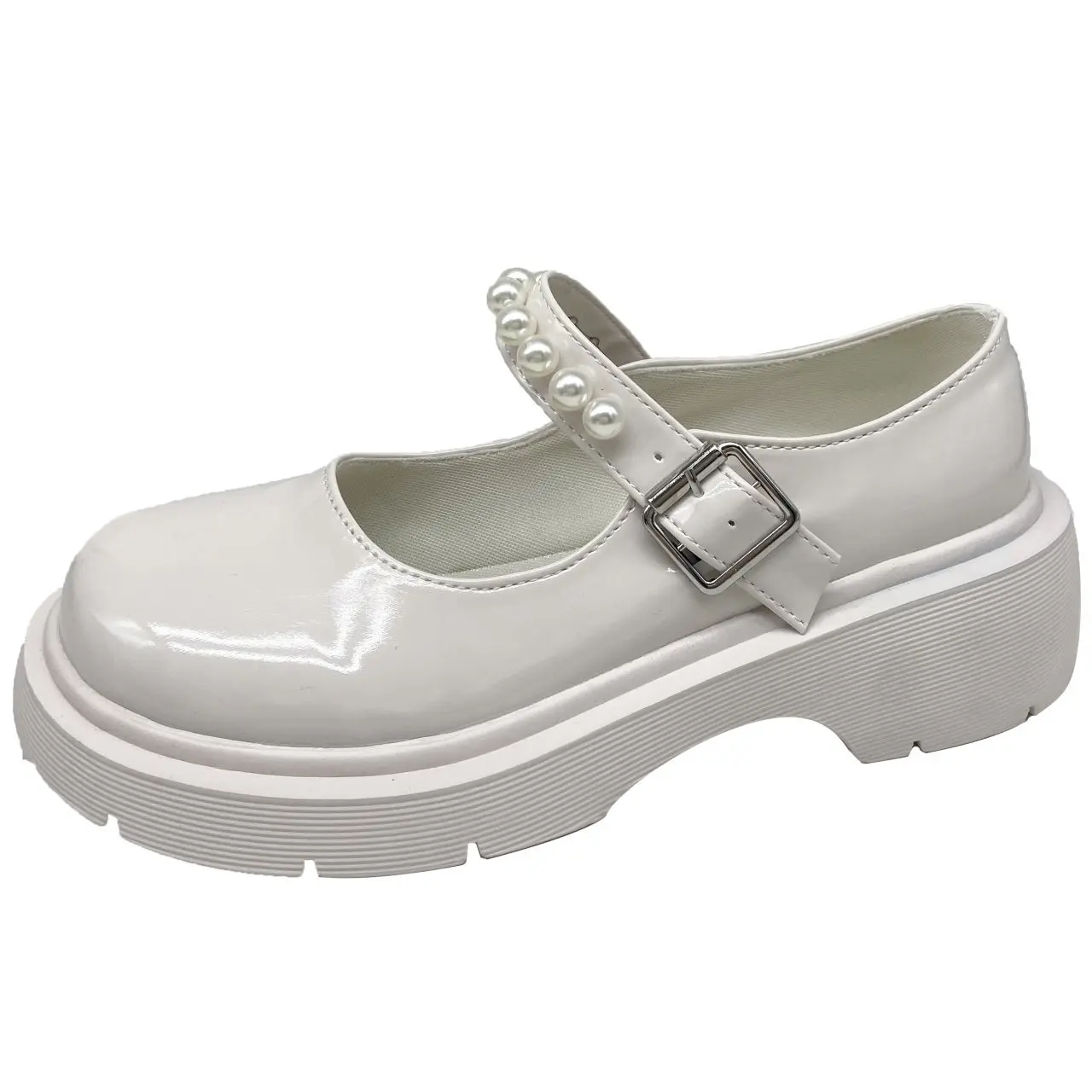 

Women NEW Mary Janes Shoes Low Heels Pearls Princess Shoes For Girls Patent Leather Lolita Shoes String Bead Flats Oxford Shoe