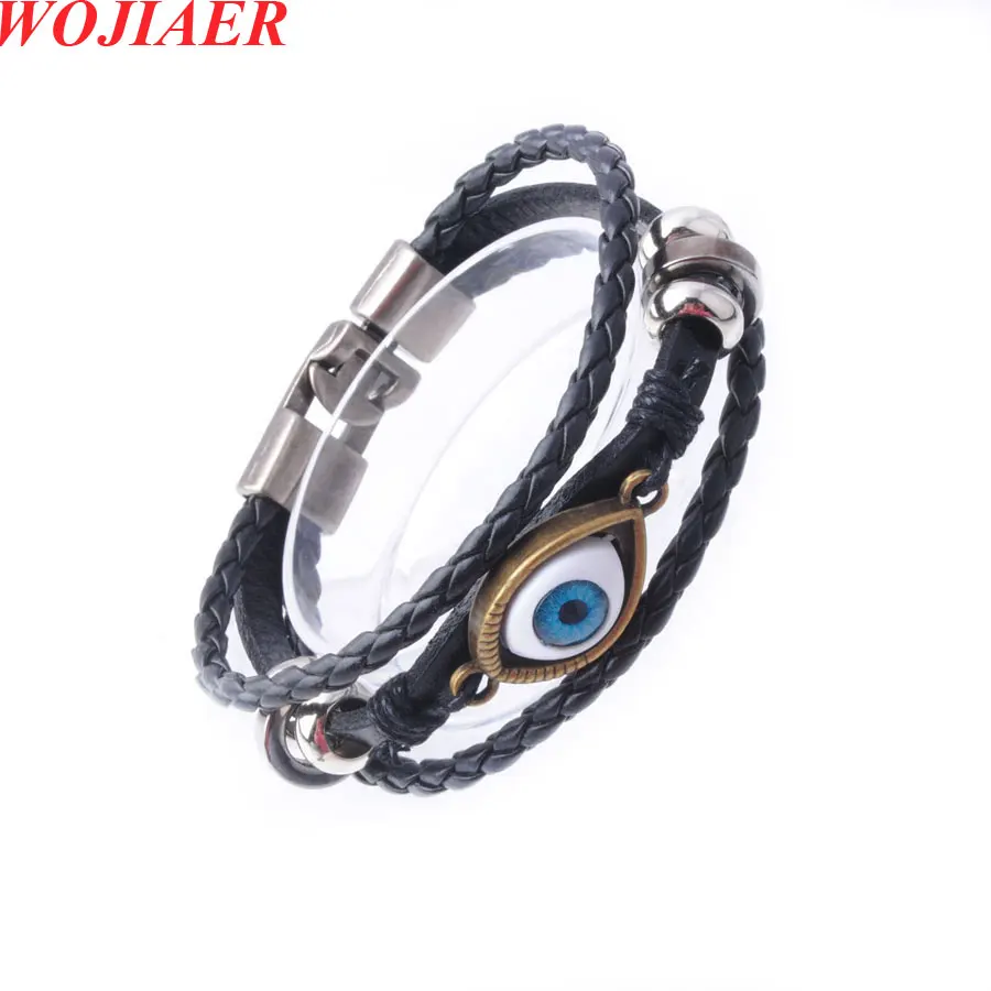 WOJIAER синий Lucky Evil Eye кожаный браслет с оплеткой для Homme многослойная черная веревка