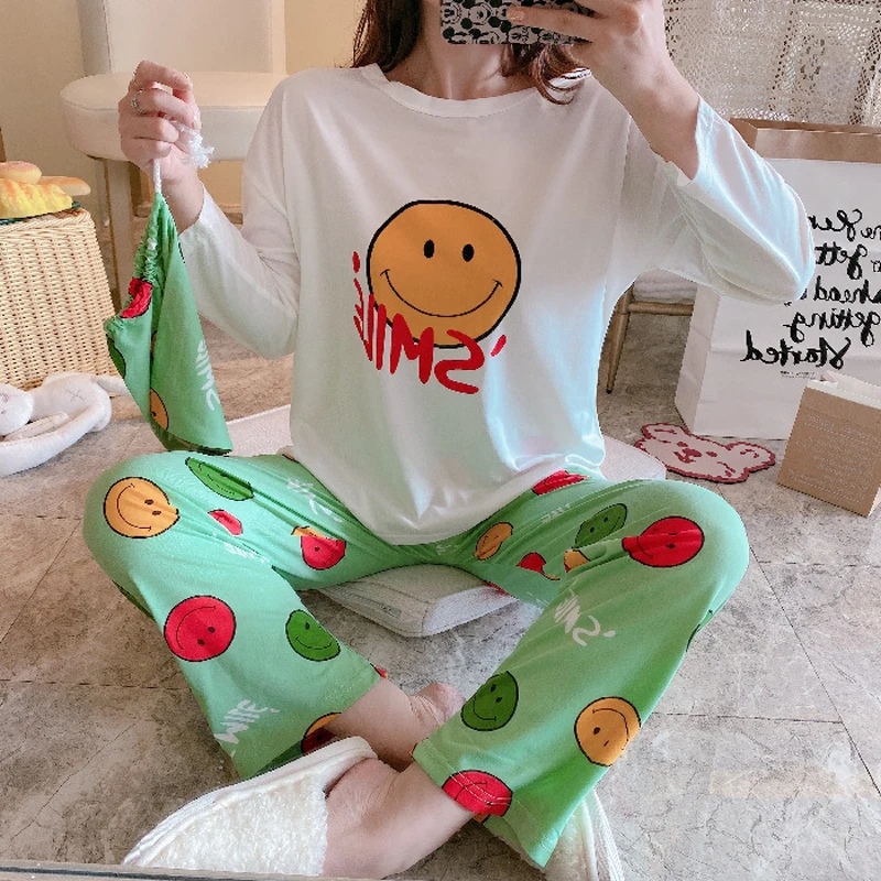 

SLPBELY Autumn Winter Kawaii Cute Cartoon Bear Printed Women's Pajamas Soft White Loose Leisure Daily Sleepwear Suits