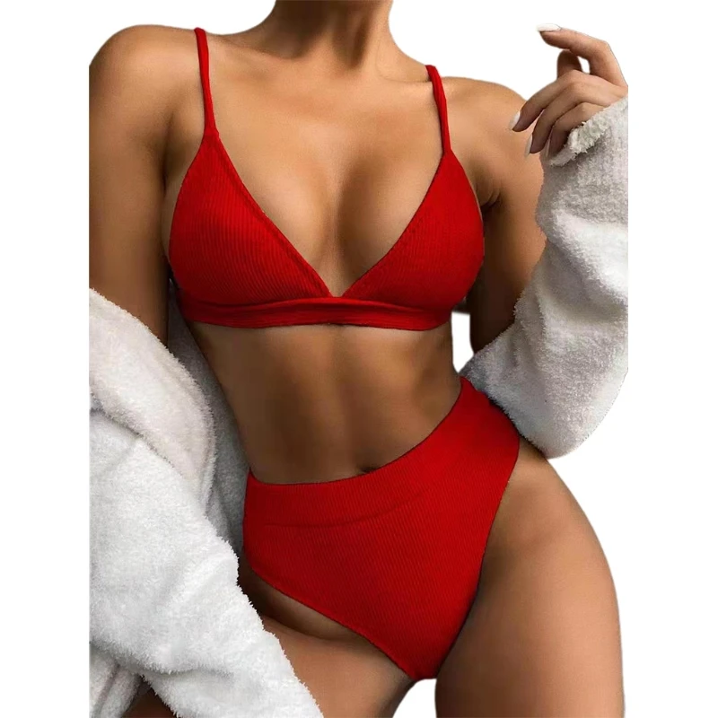 

Womens Sexy 2pcs Bikini Set Ribbed Striped Solid Color Triangle Brazilian Swimsuit High Waist Push Up Bathing Suit F2TC