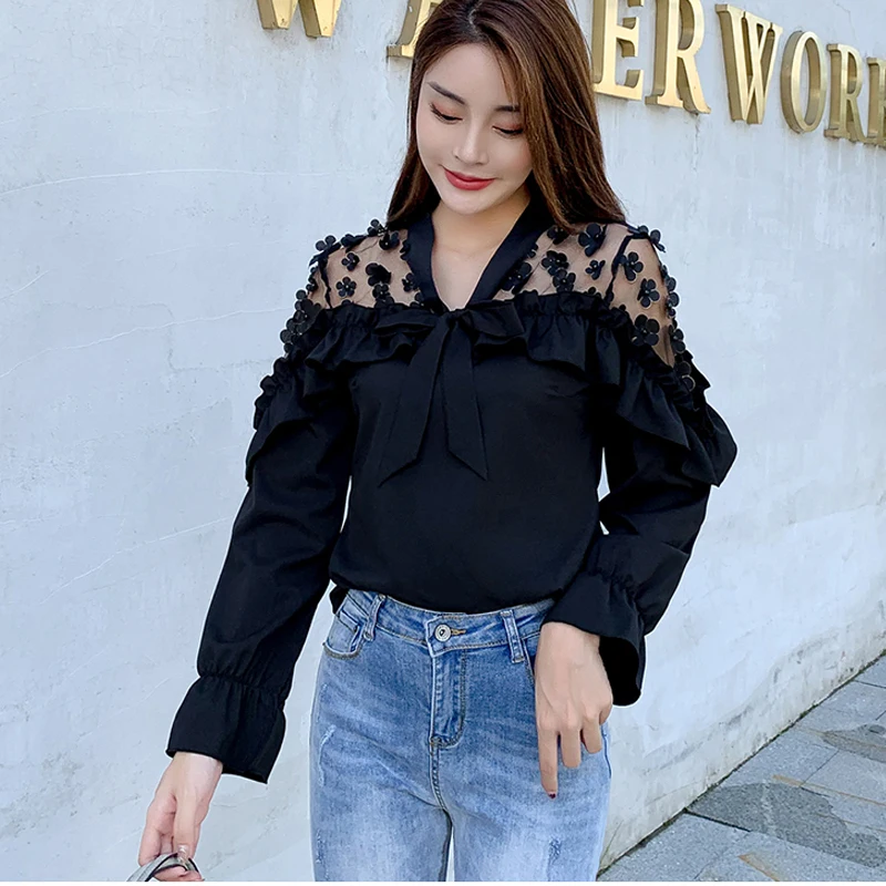 Черный fashion woman blouses summer Autumn long sleeve women shirts white blouse tops office lady work wear blouse shirt blusas - Цвет: Черный