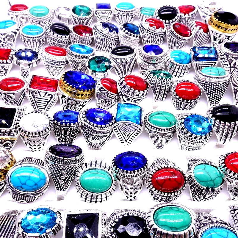 Wholesale 100PCs Vintage Jewelry Antique Rings For Men Women Silver Plated Stone Ring Carved Flowers Mix Style Party Gift