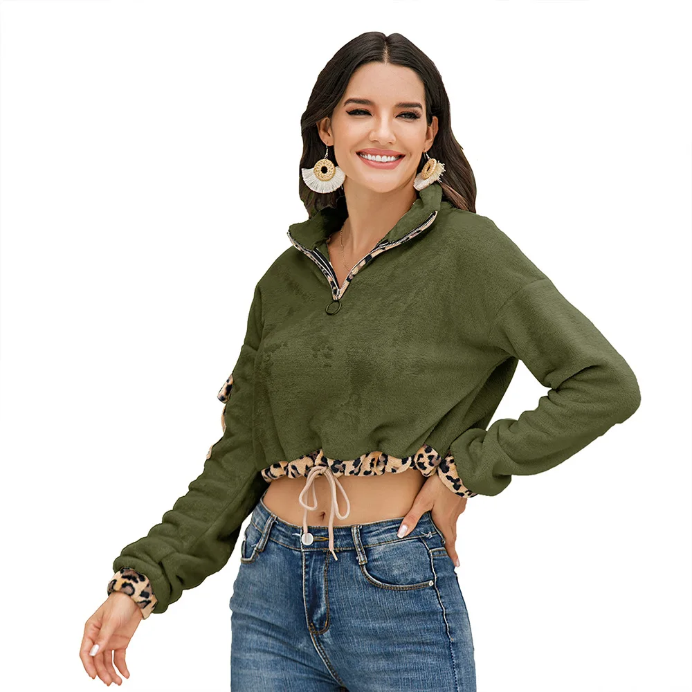 

Women Warm Cropped Sweatshirts Autumn Streetwear Long Sleeve Leopard Flannel Pullover Casual Drawstring Hem Lapel Lady Coat Tops