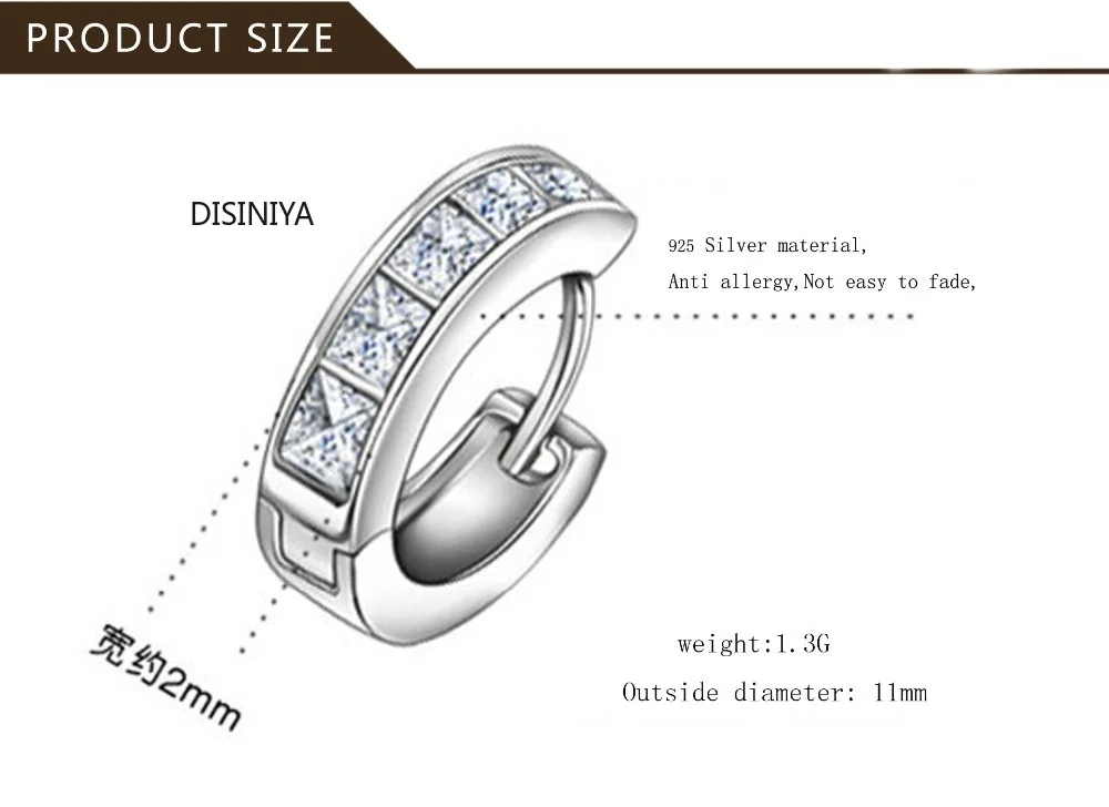 Simple Women Men 925 sterling silver stamp Studs Earrings Switzerland Block CZ Zircon crystal Jewelry Wholesale Brincos Plata | Украшения и