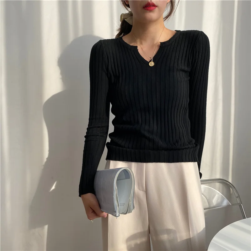 Женский облегающий вязаный свитер с V-образным вырезом пуловер длинным рукавом