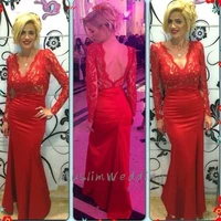 beautiful red mermaid prom dresses sexy v neck backless long sleeve lace evening dress satin long night party wear evening dress